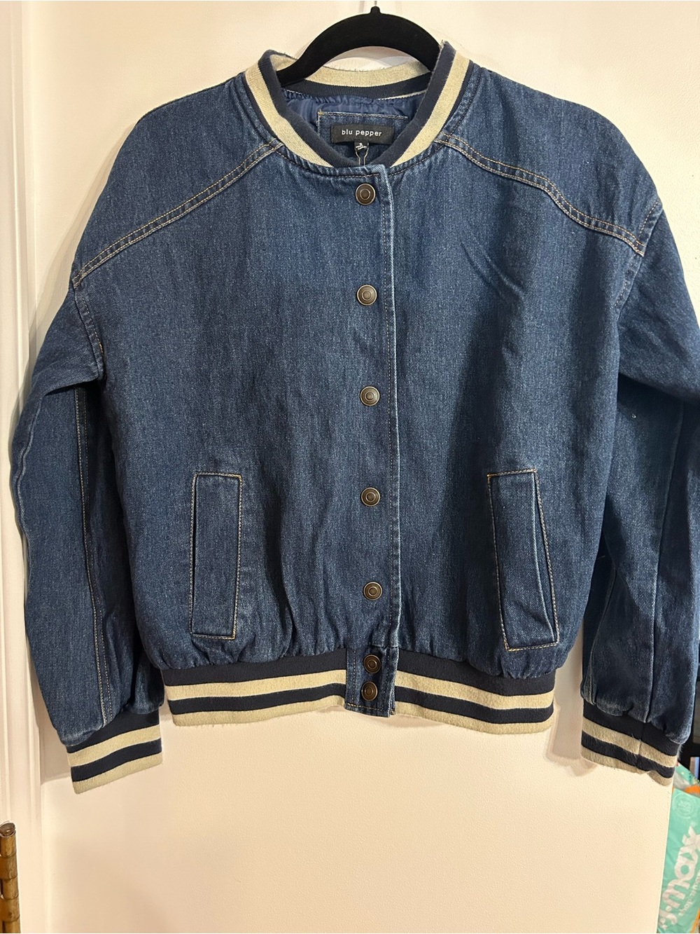 Blu Pepper Blue Denim Bomber Jacket with Striped Trim